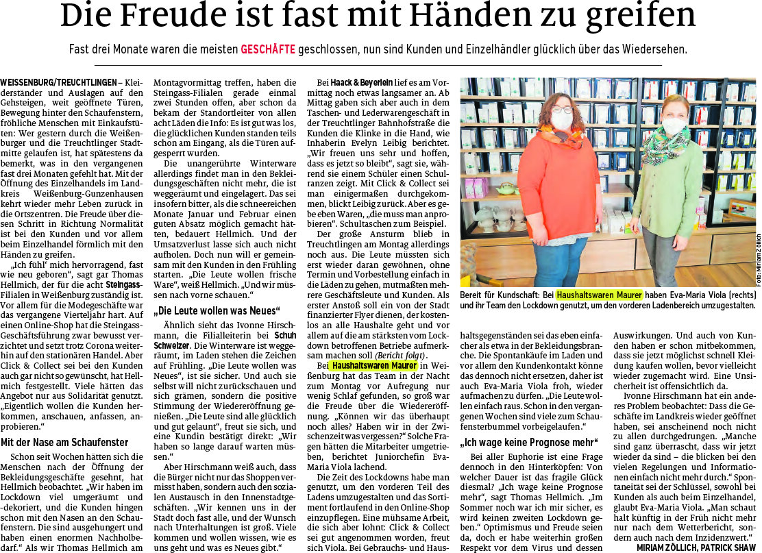Haushaltswaren Maurer im Weißenburger Tagblatt Abbildung Bericht über Haushaltswaren Maurer im Weißenburger Tagblatt