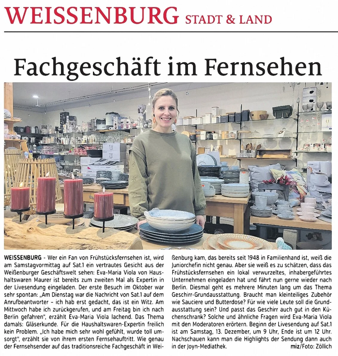 Abbildung Bericht im Weißenburger Tagblatt am 12. Dezember 2025